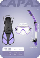 CAPAS Snorkel Mask Fins Set, Travel Size Snorkeling Gear for Adults with Short Adjustable Swim Fins, High Resistant Scuba Diving Mask and Dry Top Snorkel, Come with a Carrying Bag