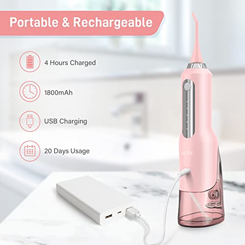 Sejoy Cordless Water Flosser, Water Dental Flosser Water Flossers for Teeth Portable Oral Irrigator Rechargeable for Home Travel Office, 270ML IPX7 Waterproof 5 Cleaning Modes & 5 Jet Tips, Pink