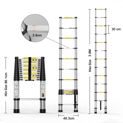 3.8M/12.5FT Telescopic Aluminium Ladder, Independent Height Locking, Extension Compact Ladder Lightweight Folding Collapsible Ladder, Heavy Duty Non Slip Extend Climb Ladder