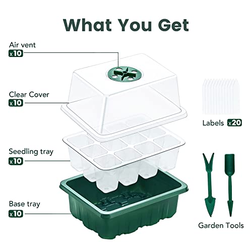 LONENESSL 10-Pack Seed Starter Tray Seed Tray Kits with 120-Cell Plant Starter Kit with Dome and Base Indoor Greenhouse Mini Propagator for Seeds Growing Starting (12-Cell Per Tray) (Green)