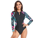 AUTOWT Women's One Piece Swimsuits, Rash Guard Long Sleeves Zipper Bathing Suit, Sport Surfing Swimwear for Women (Pink Flowers and Green Leaves, Black and White Leaves, Blue Leaves)