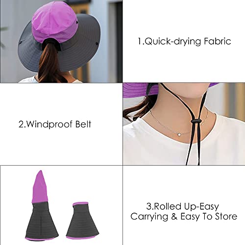 AutoWT Sun Hat for Women, UPF 50 + UV Protection Wide Brim Bucket Hat Adjustable Cap for Summer Fishing, Hiking, Camping, Garden, Farming, Outdoor Exercise (Purple)