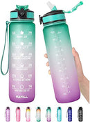 32oz Leakproof BPA Free Drinking Water Bottle with Time Marker & Straw to Ensure You Drink Enough Water Throughout The Day for Fitness and Outdoor Enthusiasts (Ombre-Green Purple, 32oz)