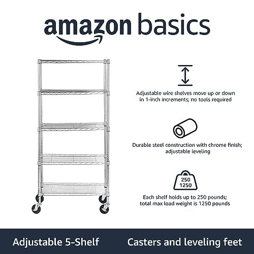 Amazon Basics 5-Shelf Adjustable, Heavy Duty Storage Shelving Unit on 4'' Wheel Casters, Metal Organizer Wire Rack, Chrome (76.2L x 35.56W x 164.47H) cm