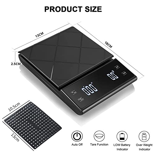 MECOS Digital Coffee Scale with Timer, 0.1g-3kg USB Rechargeable Digital Coffee Scale, Digital Food Scale Weight Grams and Oz for Espresso, Drip Coffee, Baking, Cooking