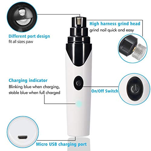 Dog Nail Grinder, Ultra Quiet Dog Nail Clipper for Small Medium Large Dogs Cats, Rimposky Rechargeable Pet Nail Trimmers Electric Paws Painless Grooming Kit, White, 1 Count (Pack of 1)