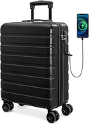 AnyZip Carry On Luggage 21" Hardside PC ABS Lightweight USB Suitcase with Wheels TSA Lock Dark Black