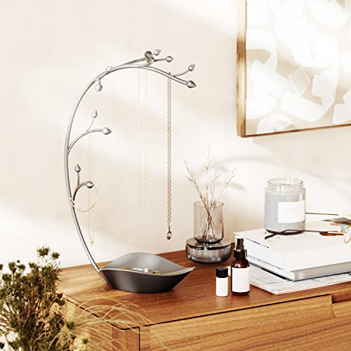 Umbra Orchid Jewelry Hanging Tree Stand - Multi-Functional Necklace Metal Holder Display Organizer Rack with a Ring Dish Tray