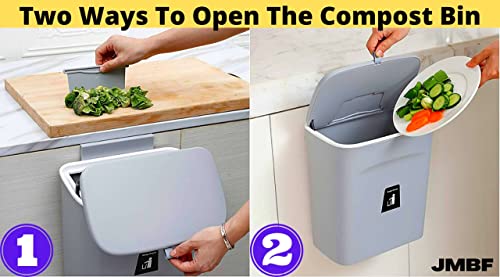 JMBF - Hanging Trash Can for Kitchen Cabinet Door with Lid,Garbage Can for Bathroom/Cupboard/Bedroom/Office -Wall Mounted Counter Waste Compost Bin-Mountable Indoor Compost Bucket | 2.4 Gallon-(Gray)