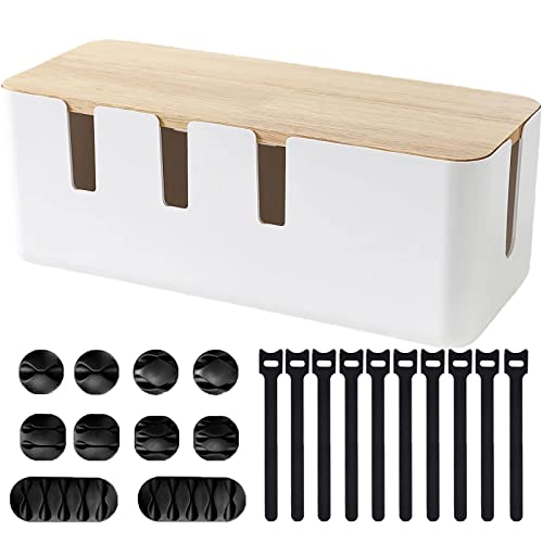 Wood Cover Cable Management Box Set with Cable Sleeve Wire Ties Included to Organize Desk Cord Cables, Hide TV Computer Wires, USB Hub Power Strips to Make Home Office Neat