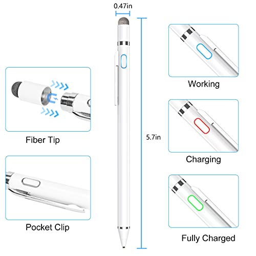 Active Stylus Pen for Touch Screens, Rechargeable Pencil Digital Stylus Pen (Snow White)