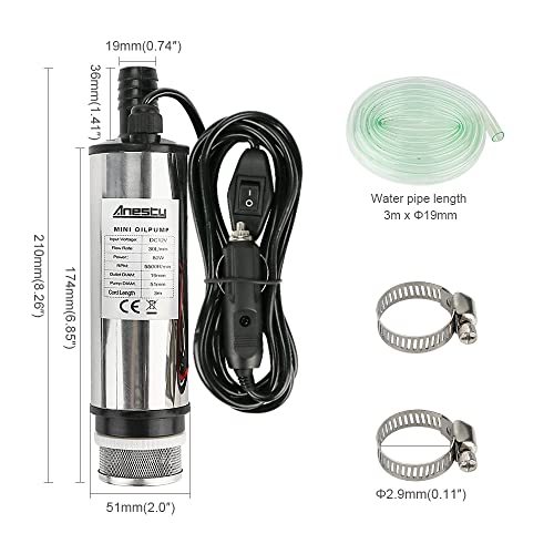 Stainless Steel Transfer Pump 12 V 51 mm Water Pump Submersible Pump for Car Diesel Oil Fuel Transfer Pump with Cigarette Lighter Removable Filter 3 m Cable + PVC Transparent Hose