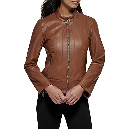 DKNY Women's Faux Leather Front-Zip Outerwear Jacket, Cognac, X-Large