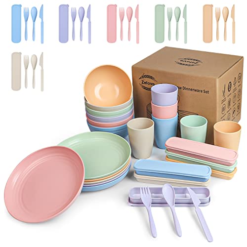 Zelova Wheat Straw Dinnerware Sets for 6- Unbreakable Plastic Dishes Set 42 PCS, Reusable Plates and Bowls Sets, Lightweight, Microwave & Dishwasher Safe - Perfect for Camping, Picnic, Campervan