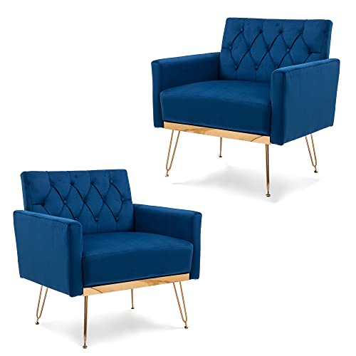 Olela Accent Chair Set of 2,Velvet Armchair Single Sofa Modern Tufted Upholstered Side Reading Chairs with Arm and Gold Metal Leg for Living Room Bedroom Club Nursery Office Decorate(2, Navy)