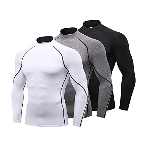 3 Pack Mens Mock Turtleneck Compression Shirts Long Sleeve Sun Protection Shirts Cooling Workout Gym Tops Undershirt, Blkgry+grey+white, Large
