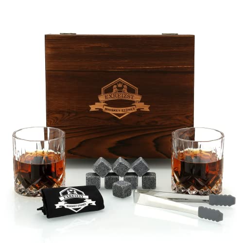 Whiskey Stones Gift Set - Whiskey Glass Set of 2 - Granite Chilling Whiskey Rocks - Scotch Bourbon Whiskey Glass Gift Box Set - Best Drinking Gifts for Men Dad Husband Birthday Party Holiday Present