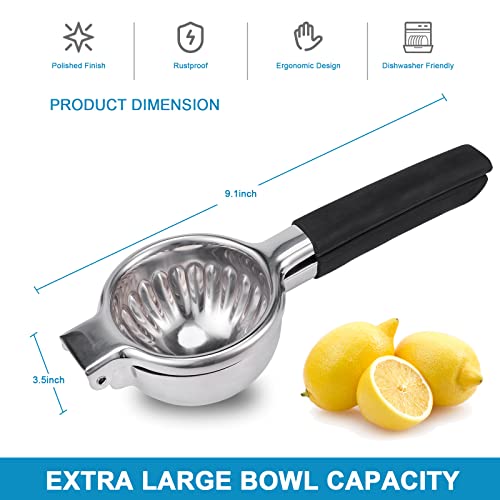 Extra Large Lemon Squeezer Stainless Steel - Easy Squeeze Heavy Duty Manual Lemon Juicer with Non-slip Silicone Handle - Ergonomic Citrus Squeezer & Fruit Juicer for Small Oranges, Limes