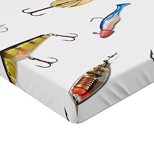 Ambesonne Fishing Fitted Sheet, Several Fish Hook Equipment Objects Trolling Angling Netting Gathering Activity, Bed Cover with All-Round Elastic Deep Pocket for Comfort, King Size, White Gray