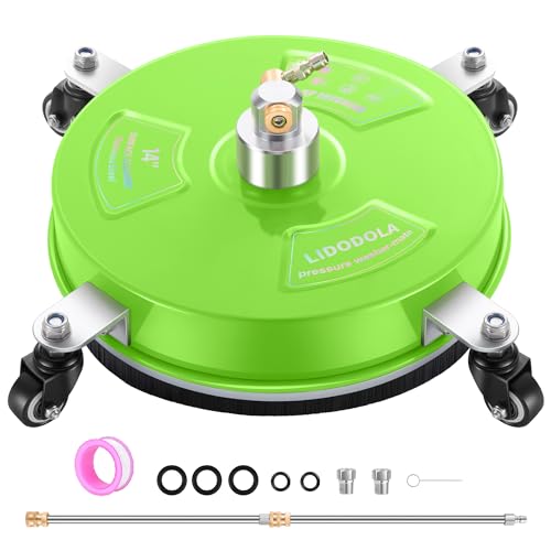 14" Pressure Washer Surface Cleaner with 4 Wheels - Coated Green Stainless Steel Surface Cleaner for Pressure Washer Attachment for Concrete, Patio, Sidewalk, Deck and Driveways - PWS14G