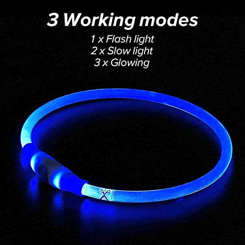 UPET LED Dog Collar USB Glow Rechargeable Light Up Pet Necklace IPX6 Waterproof 3 Flashing Modes High Brightness Collars Length 70cm TPU Cuttable for Small Medium Large Dogs Night Walking Safety（Blue）