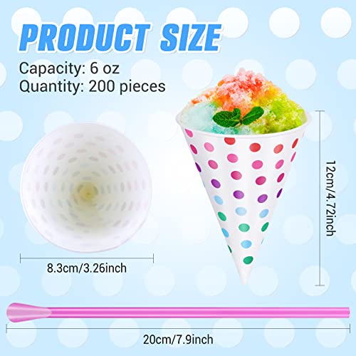 Disposable Snow Cone Cups and Spoon Straws Set Colored Polka Dot Leakproof Cone Paper Cups and Multicolor Fun Straws For Slush Shaved Ice Cream Sorbet Water (200 Set, 6 oz)