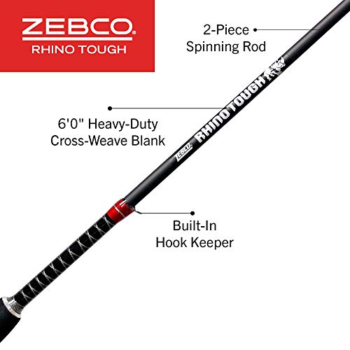 Zebco Rhino Tough Cross-Weave Glowtip Spinning Fishing Rod, 2-Piece with Heavy Duty Guides, 6-Foot Medium-Light Power Fast Action, EVA Foam Handle, Multicolor