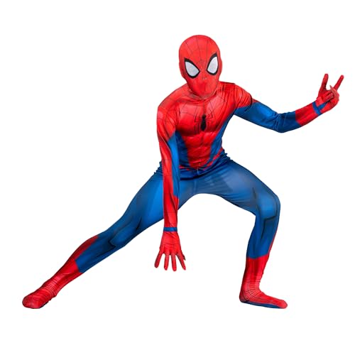 MARVEL Spider-Man Official Youth Deluxe Zentai Suit - Spandex Jumpsuit with Printed Design and Detachable Spandex Mask and Plastic Eyes