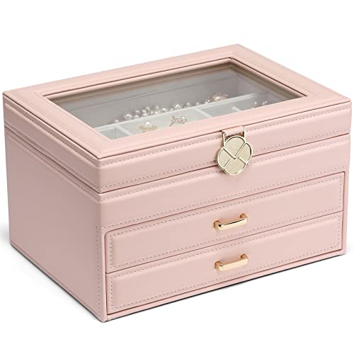 Vlando Jewellery Box Christmas Gift,3-Layer Faux Leather Jewellery Storage with Clear Glass Lid,Clear Jewellery Boxes Storage for Ring Earring Bracelet Necklace - Pink