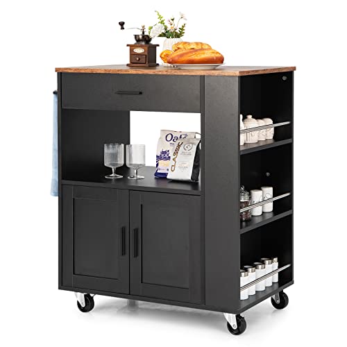 Giantex Kitchen Island Trolley, Rolling Kitchen Serving Trolley w/ 3 Spice Racks, Drawer, Open Shelf & Large Cabinet, Portable Workbench Utility Storage Cart w/Towel Rack & 2 Lockable Casters, Black