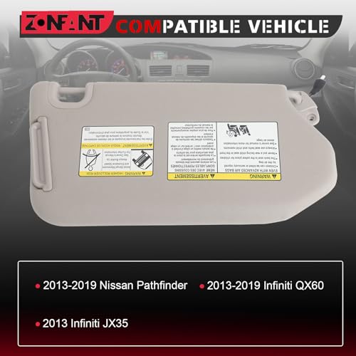 ZONFANT Beige Left Driver Side Sun Visor with Lamp and Mirror Without Sunroof Compatible with 2014-2017 Infiniti QX60 JX35, 2013-2018 Nissan Pathfinder, Replace