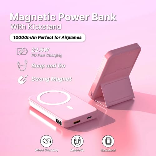 Wireless Magsafe Portable Power Bank 10000 mAh, Magnetic Charger, Foldable Kickstand with LED Display, Battery Pack for Mobile iPhone 12, 13, 14, 15 (Pastel Pink)