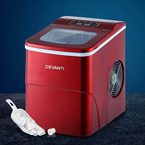 Devanti Ice Maker Machine, 2L 12KG Stainless Steel Portable Countertop Icemaker Cube Makers Commercial Home Office Kitchen Appliances, Electric Fast Freeze with Scoop and Removable Basket Red