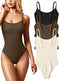 OQQ Women's 3 Piece Bodysuits Sexy Ribbed Sleeveless Adjustable Spaghetti Strip Tops Shapewear Bodysuits, Black Coffee Beige, Large