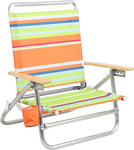 PORTAL Aluminum Lightweight 4-Way Hi Back Folding Beach Chair, Classic Wood Handle Camp Chair with Cup Holder and Padded Carry Shoulder Strap