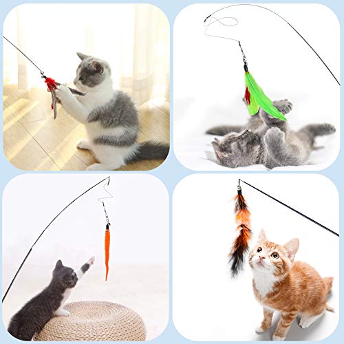 Hianjoo Feather Teaser Cat Toy Set 12 pcs, Interactive Toys for Cats 2 Retractable Cat Wand Funny Sticks and 10 Replacement Feather Teaser with Bell for Kitten Cat Catcher Having Fun Exercise Playing