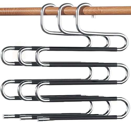 (3-Pack) Pants Hangers S Shaped, H HOME-MART Non Slip Pants Hangers Space Saving |Trouser Hanger|Skirt Hangers|Metal Closet Organiser Multilayer Pants Hanger| Closet Storage for Pants Jeans Shirt