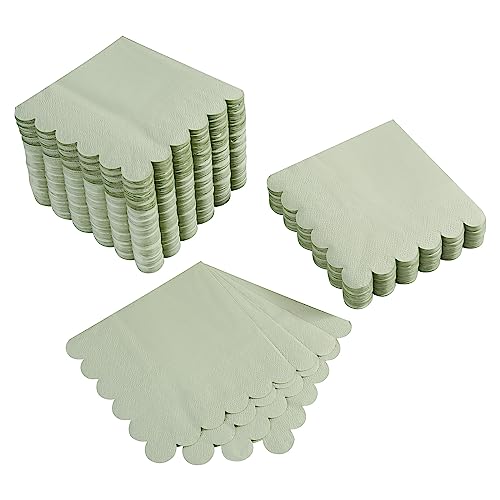 100 Pack Cocktail Napkin 2-Ply Scalloped Edged Dessert Napkins Sage Green Folded 5 x 5 Inches Disposable Napkins for Dinner Wedding Birthday Party Bridal Anniversary Reception Event