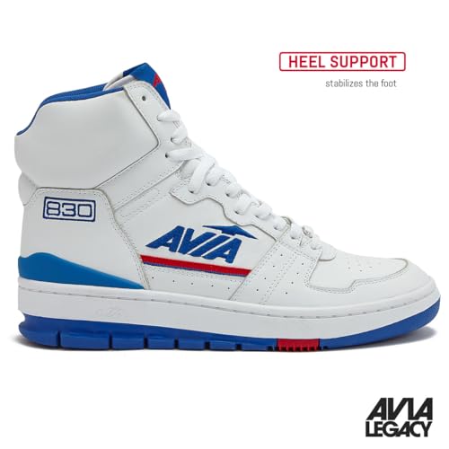 Avia 830 Men’s Basketball Shoes, Retro Sneakers for Indoor or Outdoor, Street or Court, Sizes 8 to 15, White/Navy Blue/Red, 11.5 Women/10 Men