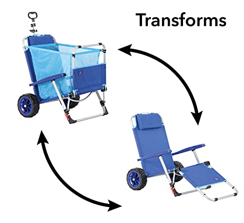 Mac Sports 2-in-1 Beach Day Folding Lounge Chair+Cargo Cart for Outdoors Sunbathing | Sun Chair, Tanning Chair, Portable, Lightweight, Lounger for Patio, Collapsible with All-Terrain Wheels | Blue