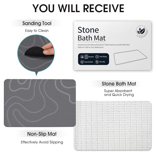 ZIKIBL Stone Bath Mat Diatomaceous Earth Bath Mat Super Absorbent Diatomite Stone Bath Mats for Bathroom Quick-Drying Non-Slip Bath Stone Mat Easy to Clean Stone Shower Mat(24 * 16'' Grey)