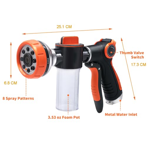 Car Wash Sprayer,9 in 1 Watering Patterns Car Wash Hose Attachment Garden Hose Nozzle with Soap Foam Dispenser for Garden Plants Watering Dog Washing House Cleaning (Orange)