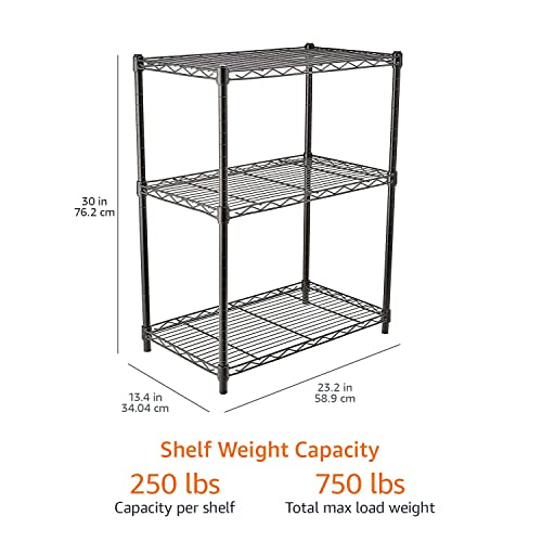 Amazon Basics 3-Shelf Adjustable, Heavy Duty Storage Shelving Unit (113.4 kgs loading capacity per shelf), Steel Organizer Wire Rack, Black (58.93 x 34.04 x 76.2 CM, LxWxH)