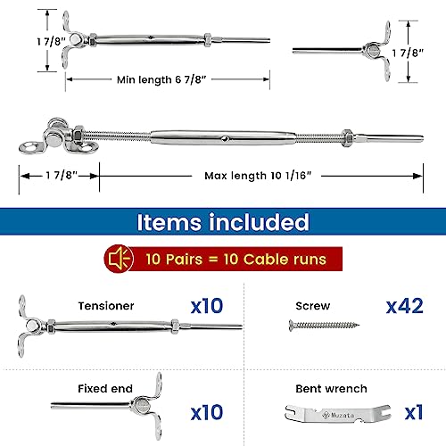 Muzata 10Pack 316 Stainless Steel Cable Railing Kit fits 1/8" Stainless Steel Wire Rope Cable