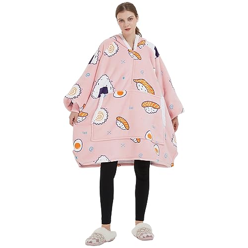Gominimo Oversized Wearable Blanket Hooded Fleece Hoodie Sweatshirt with Large Front Pocket, Cozy, Warm, Super Soft (Pink Sushi), Pink Sushi, Oversized