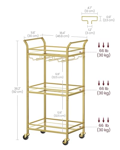 VASAGLE Bar Cart Gold, Home Bar Serving Cart, Small Bar Cart with 3-Tier Mirrored Shelf, Wine Holders, Glass Holders, Mini Bar Cart for Small Spaces, Gold ULRC091A62