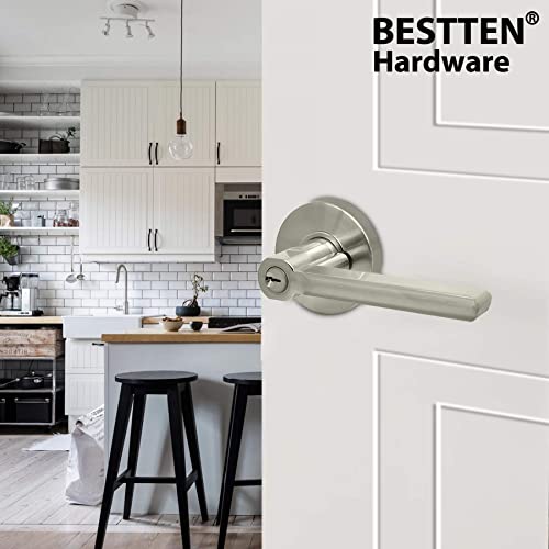 BESTTEN [5 Pack] Heavy Duty Satin Nickel Entry Door Lever, with Removable Latch Plate, Keyed Entry Locks, All Metal Door Handle for Exterior and Interior, Vienna Series, Keyed Different