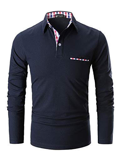 STTLZMC Mens Long Sleeve Poloshirt Contrast Plaid Collar Slim Fit Tennis Tops Shirt,Navy,M