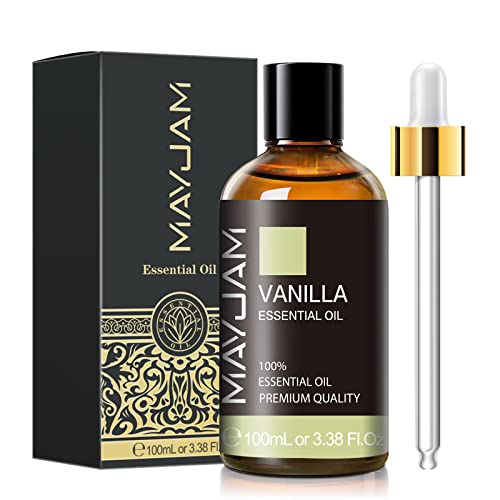 Vanilla Essential Oil 100ml, MAYJAM Premium Essential Oils for Aromatherapy, Diffuser, Soap Making, Candle Making, Large Bottle Vanilla Oil with Gift Box(3.38fl.oz)