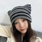 Women Striped Beanie Cute Cat Ear Little Devil Hat Winter Warm Soft Knitted Slouchy Beanie Hat Crochet Ski Cap